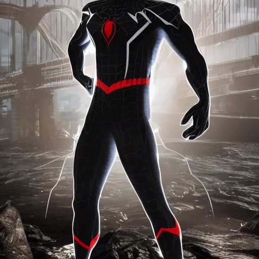 Image similar to black spider - man suit with white web lining, cinematic, volumetric lighting, realistic, hyperdetailed, photorealistic, photograph