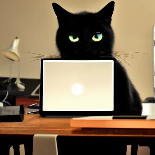 Image similar to black cat sitting at the computer in the office, at night, light from the computer, amazing, epic, mood, 8 k, high detalied, trending on artstation, digital art,