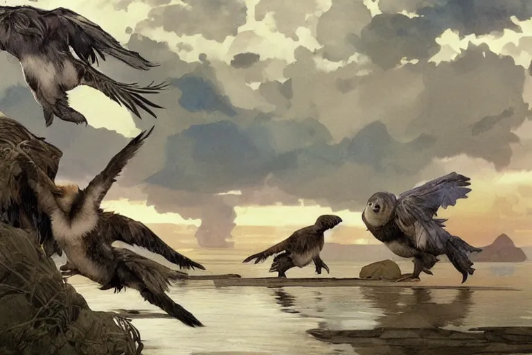 Prompt: a pack of feathered velociraptors hunting a baby harp seal at dawn, ominous intent, water color, art by artgerm and greg rutkowski and alphonse mucha and jin xiaodi and anthony devine