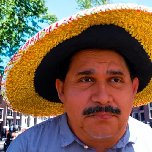 Image similar to mexican man wearing a sombrero looking confused in amsterdam, pixar