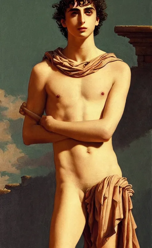 Image similar to Timothee Chalamet as Antinous in ancient Greece, intense painting, sunny, tropical, +++ super supper supper dynamic pose,  digital art, +++ SFW(SAFE FOR WORK) +++ quality j.c. leyendecker, limited edition, shiny, ++++, thick eyebrows, masculine appeal high fashion, GREEN EYES, GREEK CLOTHES, closeup, important, smirking, palm trees, tropical flowers, colorful, surrealism art, modern