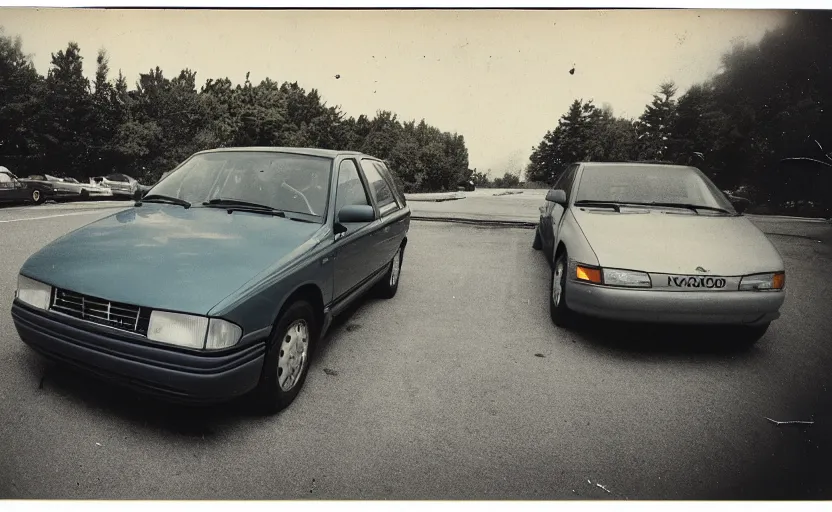 Image similar to vintage polaroid photograph of a 1995 volvo car parked in the parking lot of a beach