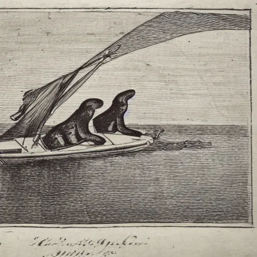 Prompt: baby seals sailing on boat, engraving from 1750