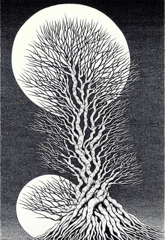 Image similar to prompt: white Bonsai tree roots merging into big moon drawn by Rene Magritte, Japanese woodblock print style, clean ink detailed line drawing, intricate detail, manga 1990