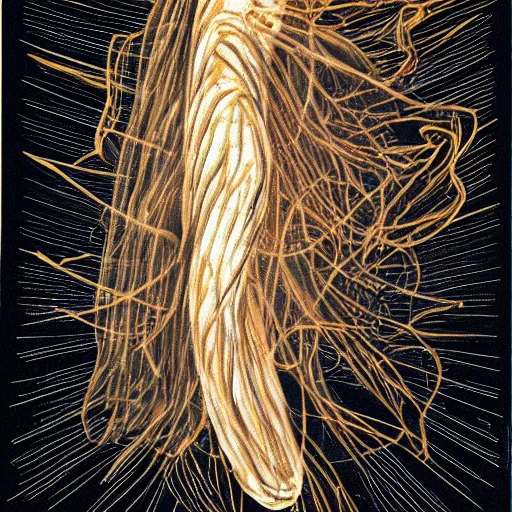 Image similar to realistic dioramic informatic drawing of spaghettification for dummies cheval, michael style painting