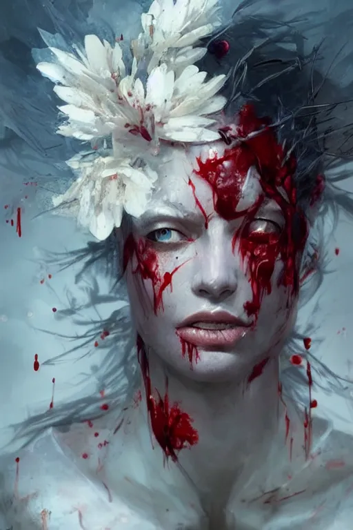 Prompt: abstract face closeup of beautiful girl predator covered with blood, white horns, 3 d render, hyper realistic detailed portrait, holding magic flowers, ruan jia, wlop. scifi, fantasy, hyper detailed, octane render, concept art, by peter mohrbacher, by wlop, by ruan jia