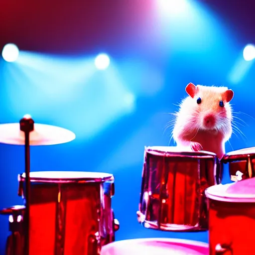 Image similar to a hamster playing drums on a stage in a small club, red and blue stagelights, photorealistic