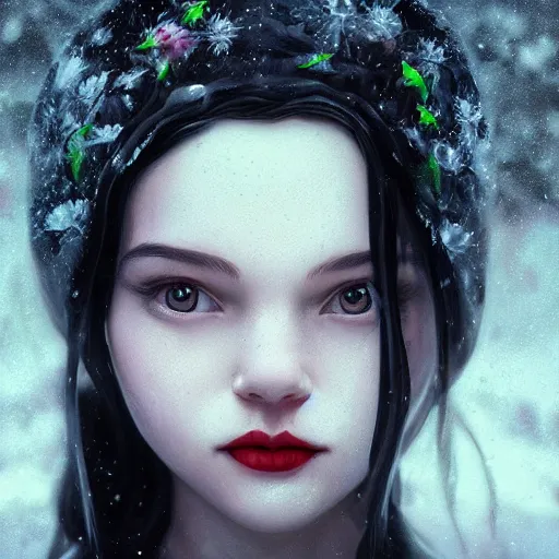 Image similar to portrait of sinister teenage snow white, intricate artwork. by Tooth Wu, wlop, beeple, dan mumford. octane render, trending on artstation, greg rutkowski very coherent symmetrical artwork. cinematic, hyper realism, high detail, octane render, 8k, iridescent accents