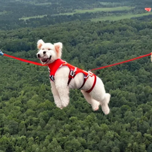 Image similar to a hairy dog with a big parachute jumping from a cliff