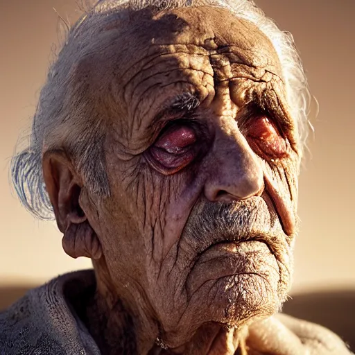 Image similar to award winning cinematic still portrait of distraught 85 year old Mediterranean skinned man in Ancient Canaanite clothing, crying with dark silhouette of a lamb on their face, beard, short hair, Just before sunrise. Desert mountain background. sad, depressed, lonely, Biblical epic directed by Steven Spielberg