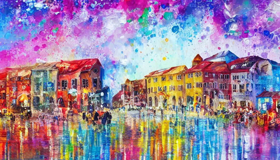 Prompt: town, painting on canvas, watedrops, water droplets, acrylic painting, acrylic pouring, painting, influencer, artstation - h 8 0 0