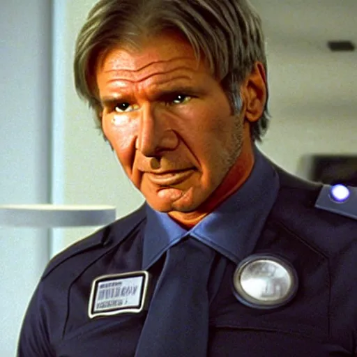 Image similar to A still of Harrison Ford in the new Battlestar Galactica (2003), wearing a very dark blue uniform, pointing angrily at Saul Tigh