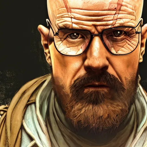 Image similar to Heisenberg as Kratos, highly detailed, digital painting, artstation, concept art, smooth, sharp focus, illustration, ArtStation, art by artgerm and greg rutkowski and alphonse mucha and J. C. Leyendecker and Edmund Blair Leighton and Katsuhiro Otomo and Geof Darrow and Phil hale and Ashley wood and Ilya repin and Charlie Bowater