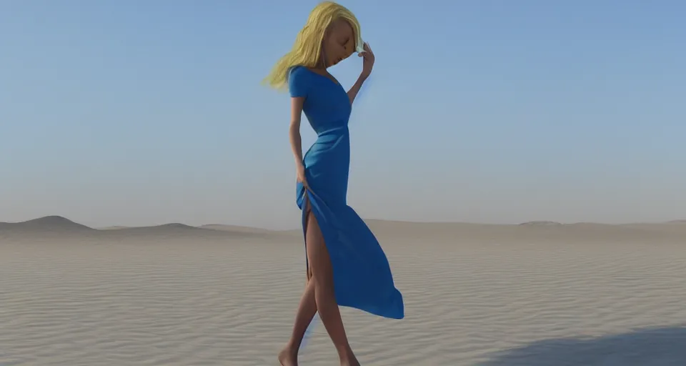 Image similar to a blonde woman in a blue dress walking into the desert in morning, desert dunes, artstation, cgsociety