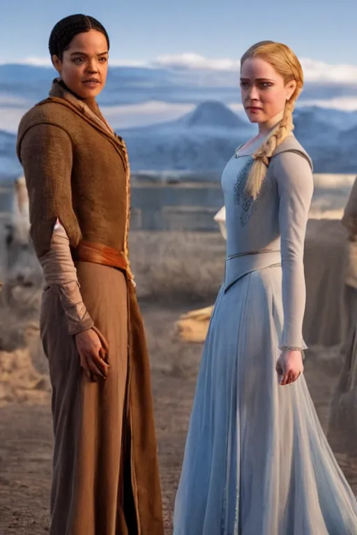 Image similar to Tessa Thompson and Evan Rachel Wood star in Disney's Westworld, in the style of frozen, Pixar movie screenshot