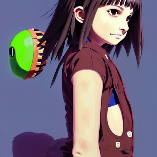 Image similar to beautiful boyish natalie portman gravure model in majora's mask, wearing big mayan bomber jacket with overalls and leotard, big bomber jacket with subtle mayan patterns, aztec bathing suit, gapmoe yandere grimdark, trending on pixiv fanbox, painted by greg rutkowski makoto shinkai takashi takeuchi studio ghibli, akihiko yoshida