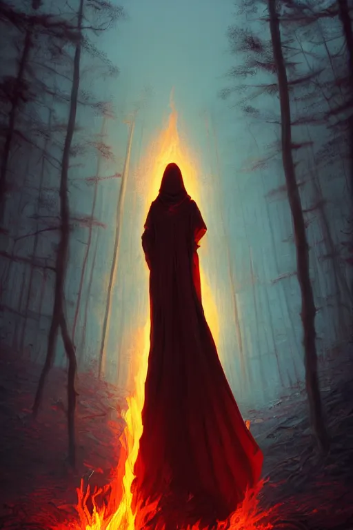 Prompt: a full body portrait of a mysterious goddess with a very long hooded cloak made of fire and embers in a forest at dusk, by maciej kuciara and jason chan and makoto shinkai and dan mumford, ominous, cosmic horror, trending on artstation, ultra detailed, hyper realistic 4 k, volumetric light, vibrant colors