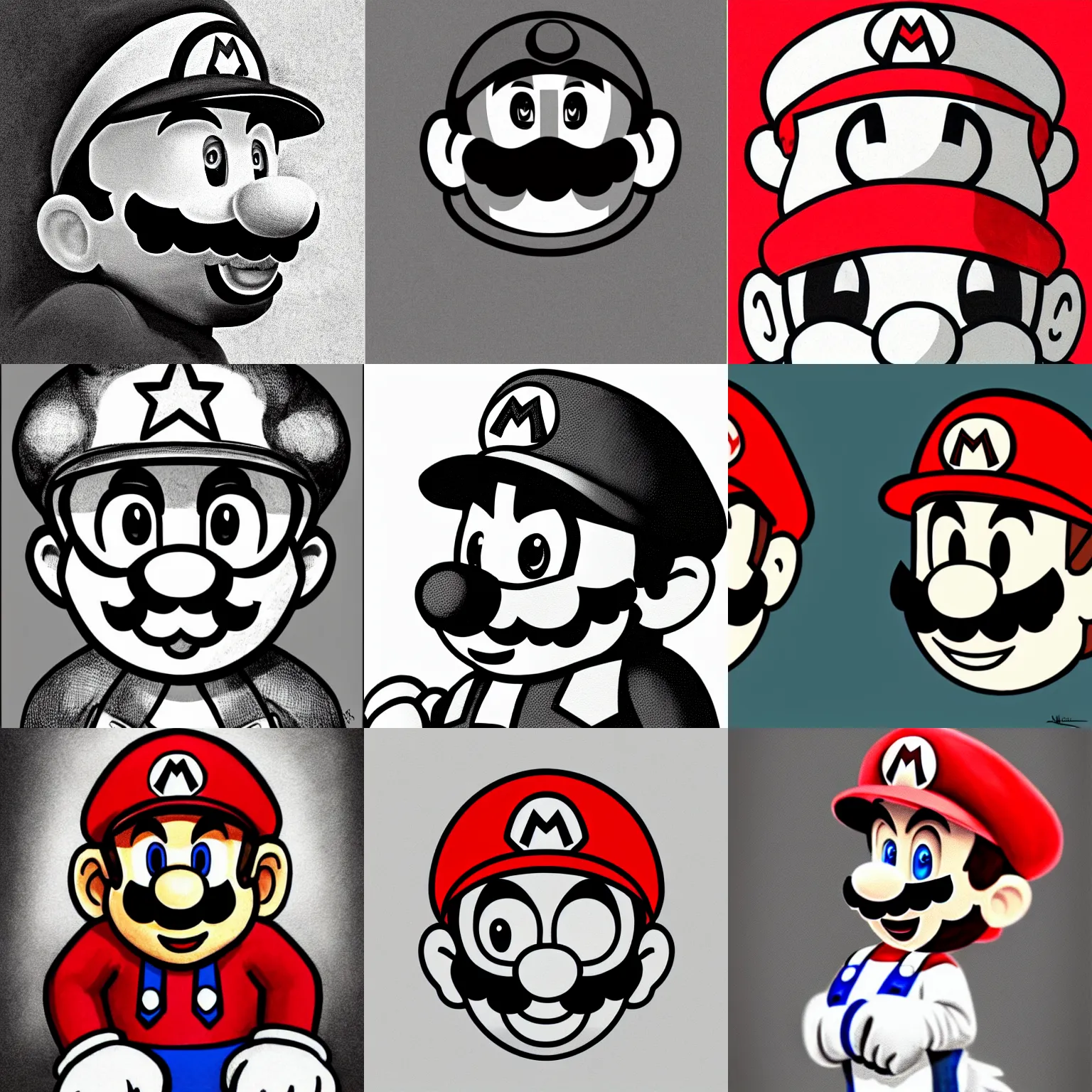 Prompt: pencil fanart of super mario facing camera, neutral focused gaze, faded and limited color palette, red selective coloring + monochrome, striking artstyle with sharp shadows