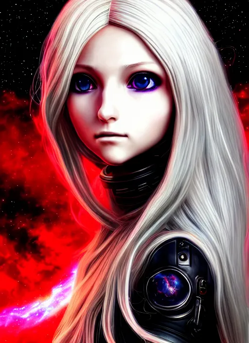 Prompt: highly detailed portrait of a hopeful pretty astronaut lady with a wavy blonde hair, by Anne Stokes, 4k resolution, nier:automata inspired, bravely default inspired, vibrant but dreary but upflifting red, black and white color scheme!!! ((Space nebula background))