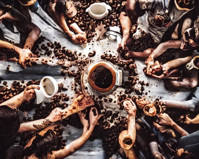 Prompt: incredible absurd surreal closeup photoshoot advertisement for coffee, people enjoying coffee in the style of tim walker and by michael bay action movie, people pouring coffee on top of each other, celebration of coffee and caffeine, vsco film grain