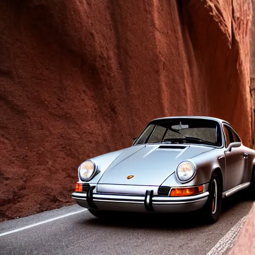 Image similar to cinematic photos of a porsche 9 1 1 9 6 4 cruising through a canyon