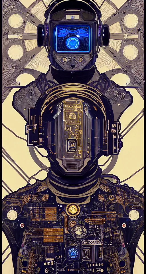 Prompt: hyper detailed portrait painting of a mech android fighter pilot connected to the mother board masterpiece pattern made from circuits digital art painting wires and electronic components by alphonse mucha and jean giraud moebius, retrowave noir, symmetry, trending on artstation, photorealistic face