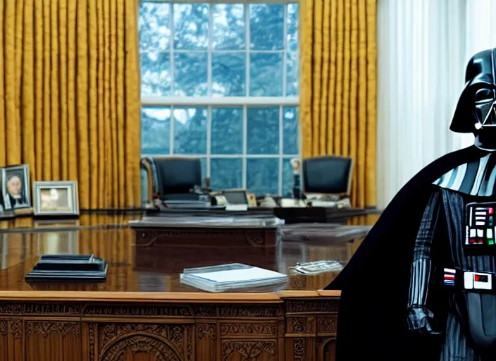 Image similar to film still of Darth Vader is president of the United States sitting in the Oval Office in the new Star Wars movie, 4k