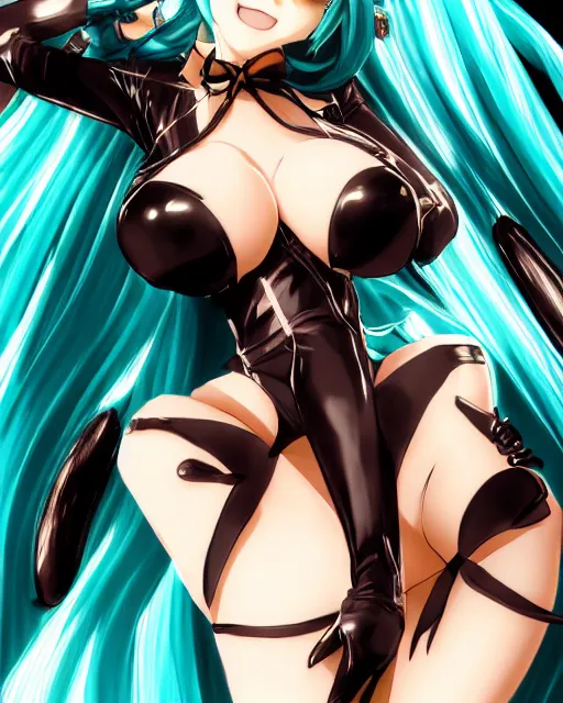 Prompt: Anime manga official art of mature attractive Hatsune miku with beautiful smile by Alex Ross giger sorayama frank miller trending on Flickr cinematic backlit smoke noir technoir