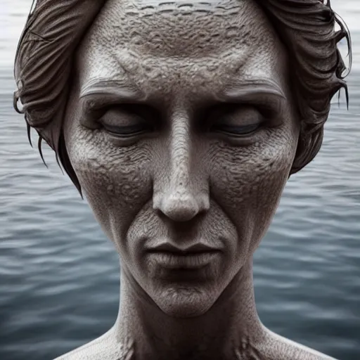 Prompt: a water manipulation sculpture in the shape of a human head, on the ocean water, cinematic, in the style of johnson tsang, long shot, hyper detailed, hyper realistic, ray tracing, 8 k resolution, sharp focus, realistic water, artstation