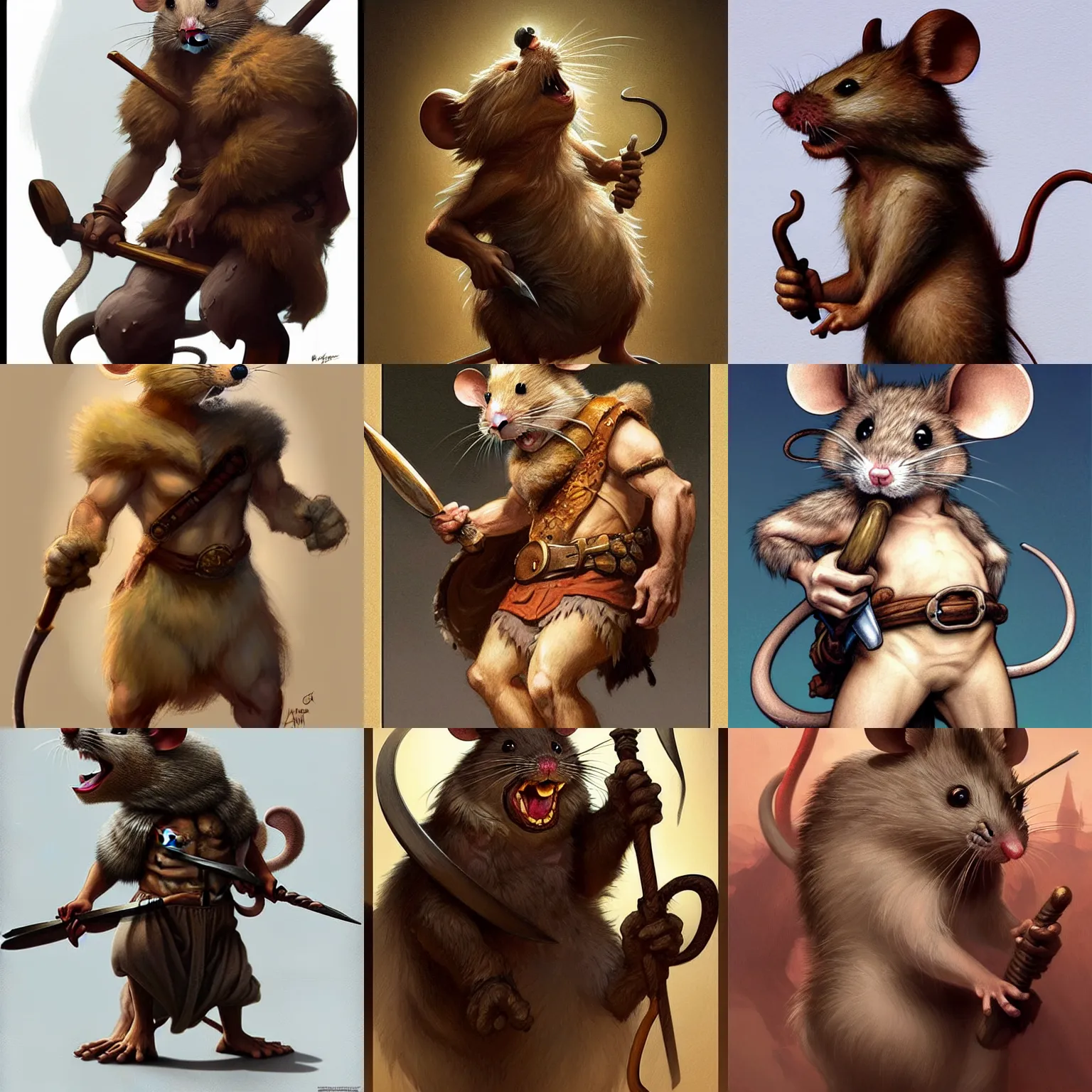 Prompt: mouse !!!asthetic!!! medium shot, anthropomorphic rugged mouse!!! with barbarian furry muscular upper body, 👅 👅 , D&D, fantasy, intricate, elegant, highly detailed, digital painting, artstation, concept art, smooth, sharp focus, illustration, art by artgerm and greg rutkowski and alphonse mucha
