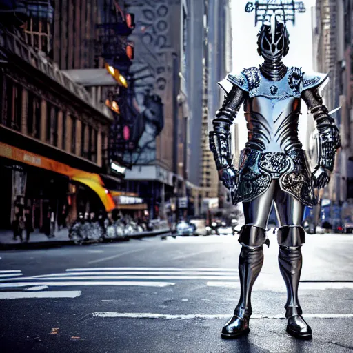 Prompt: a masterpiece ultrarealistic ultradetailed portrait of full silver armored magic knight on new york streets, mullet, hispanic man greatsword, baroque renaissance. fashion pose, photo by philip - daniel ducasse and yasuhiro wakabayashi and jody rogac, telephoto, intricate, elegant, global illumination. vfx