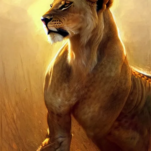 Image similar to highly detailed portrait of a majestic lioness queen in the form of a beautiful woman. d & d, art by don maitz and ruan jia and carl larsson. trending on artstation, intricate details, energetic composition, golden ratio, concept art, illustration, elegant art