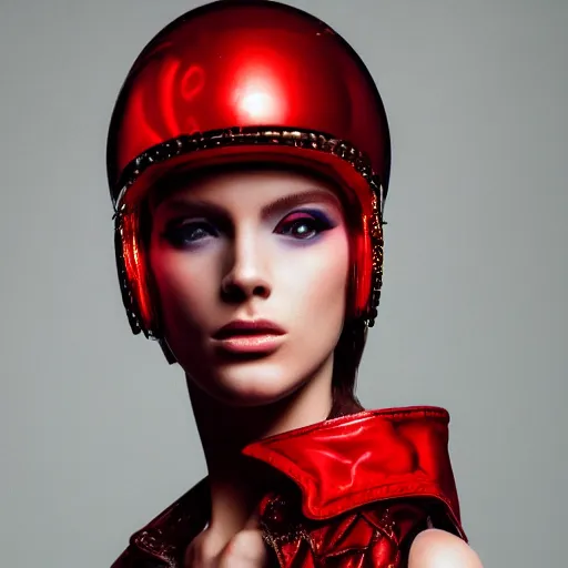 Image similar to close up of a female fashion model in year 3000 in a cave, model wearing a surreal Avant-garde helmet in red, dramatic lighting,photography , official Versace editorial , highly detailed