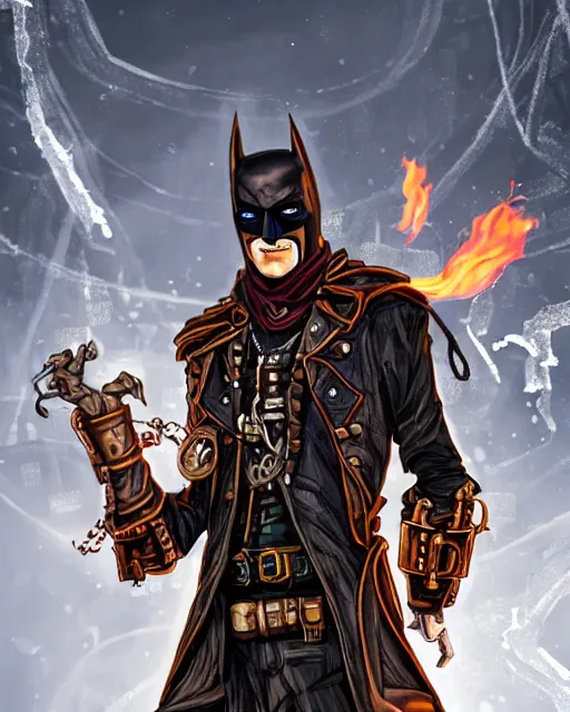 Image similar to steampunk batman with fire and ice magic coming out from his hands in a dystopian environment, full body view, highly detailed, amazing digital art, artstation, sharp focus