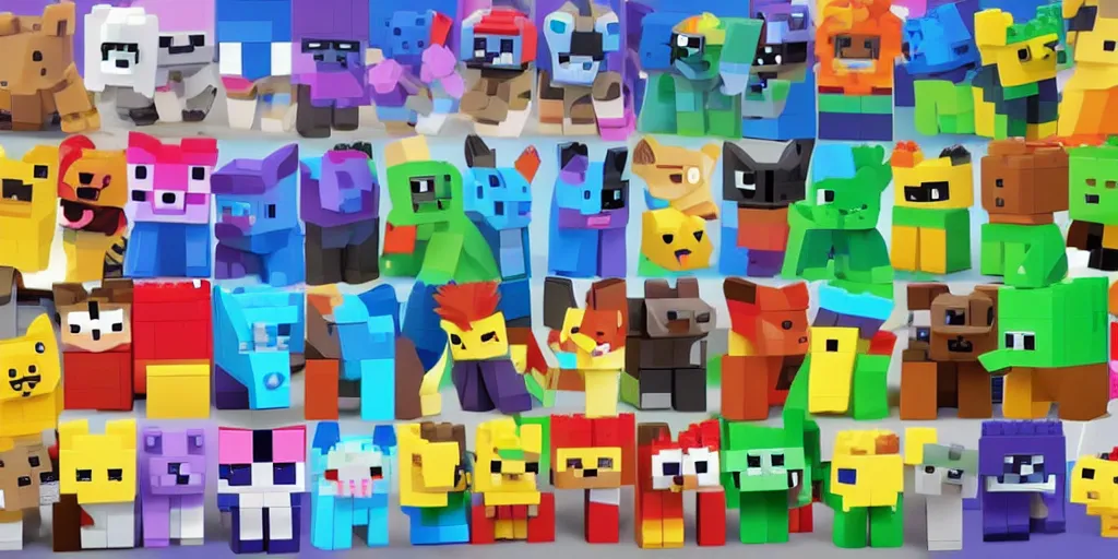 Prompt: small creatures made of a single brick, four legged, quadrupedal, cute looking, kawaii, sharp focus, character sheet, game concept art, blocky, lego mixels, japanese, flat toon style like katamari damacy inspired, pokemon inspired, blocky like minecraft