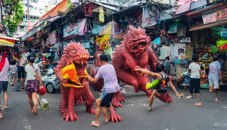 Prompt: a kaiju attack on bangkok street market