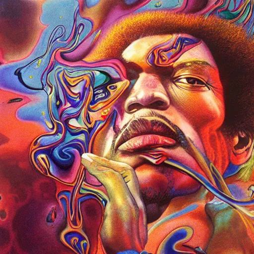 Image similar to ultrawide angle colour masterpiece surreal closeup portrait photography of jimi hendrix playing on stage by miho hirano and annie leibovitz and michael cheval, weird surreal epic psychedelic complex biomorphic 3 d fractal landscape in background by kilian eng and roger dean and salvador dali and beksinski, 8 k