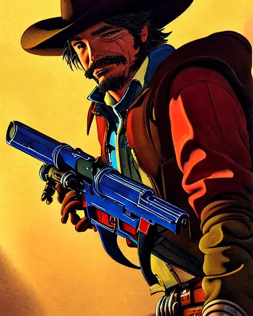 Image similar to mccree from overwatch, space cowboy, character portrait, portrait, close up, concept art, intricate details, highly detailed, vintage sci - fi poster, retro future, in the style of chris foss, rodger dean, moebius, michael whelan, and gustave dore
