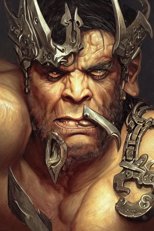 Image similar to portrait of a hulking herculean orc demon barbarian pirate, male, masculine, upper body, belt of skulls, fantasy, frown,, intricate, elegant, highly detailed, digital painting, artstation, concept art, sharp focus, illustration, art by artgerm and greg rutkowski and alphonse mucha