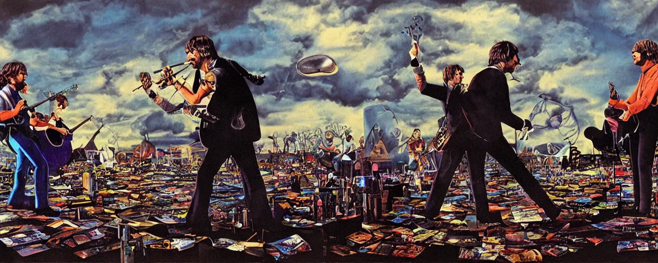 Prompt: the band pink floyd duel against the beatles senior artist, fantasy art, matte painting, storybook illustration