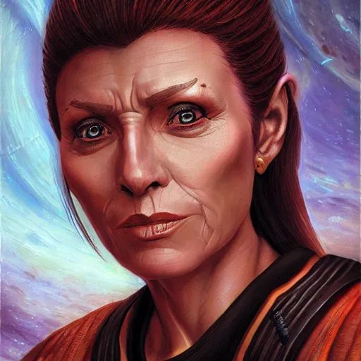 Prompt: portrait of an bajoran woman ( 3 5 ) from bajor, bajor - b'hava'el, bajoran sector, alpha quadrant, an oil painting by ross tran and thomas kincade