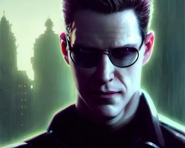 Image similar to highly detailed portrait of albert wesker, in the matrix, stephen bliss, unreal engine, fantasy art by greg rutkowski, loish, rhads, ferdinand knab, makoto shinkai and lois van baarle, ilya kuvshinov, rossdraws, tom bagshaw, global illumination, radiant light, detailed and intricate environment