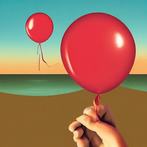 Prompt: album art of a hand holding a balloon coming out the water with a red sky by chris bilheimer, moody