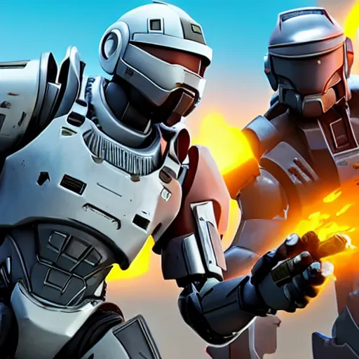 Image similar to Master Chief and Robocop sharing a pizza, a screenshot from Fortnite