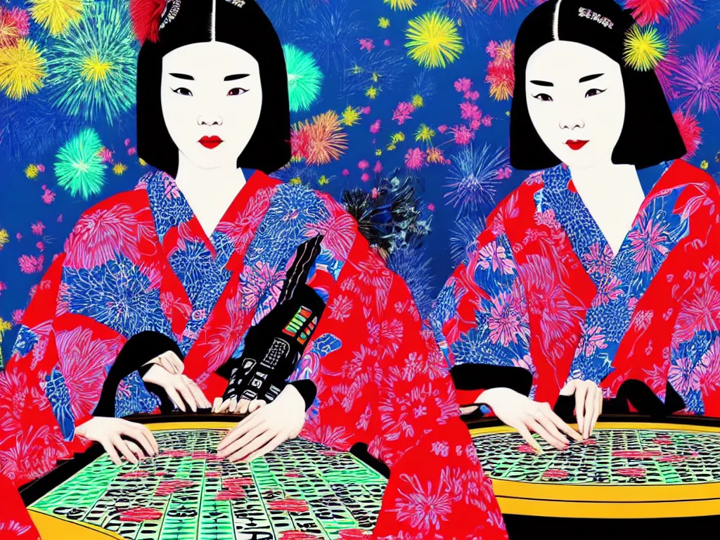 Prompt: hyperrealistic composition of the detailed woman in a japanese kimono sitting at a extremely detailed poker table with hyperdetailed darth vader, fireworks, mountain fuji on the background, pop - art style, jacky tsai style, andy warhol style, acrylic on canvas