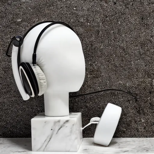 Prompt: a marble sculpture, using headphones in the bathroom