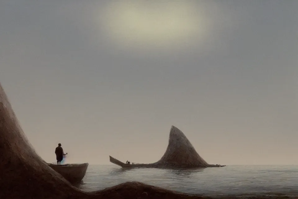 Image similar to lone fisherman rowing towards his giant seashell shaped fortress, in the style of john harris and moebius