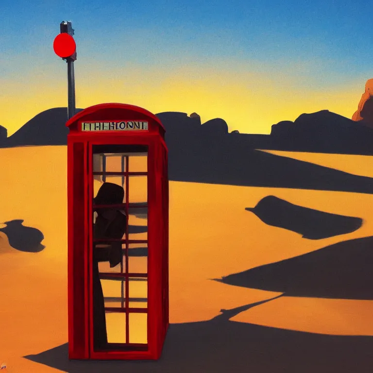 Image similar to phonebooth in a desert, sunset, painted by Edward Hopper, painted by James Gilleard, airbrush