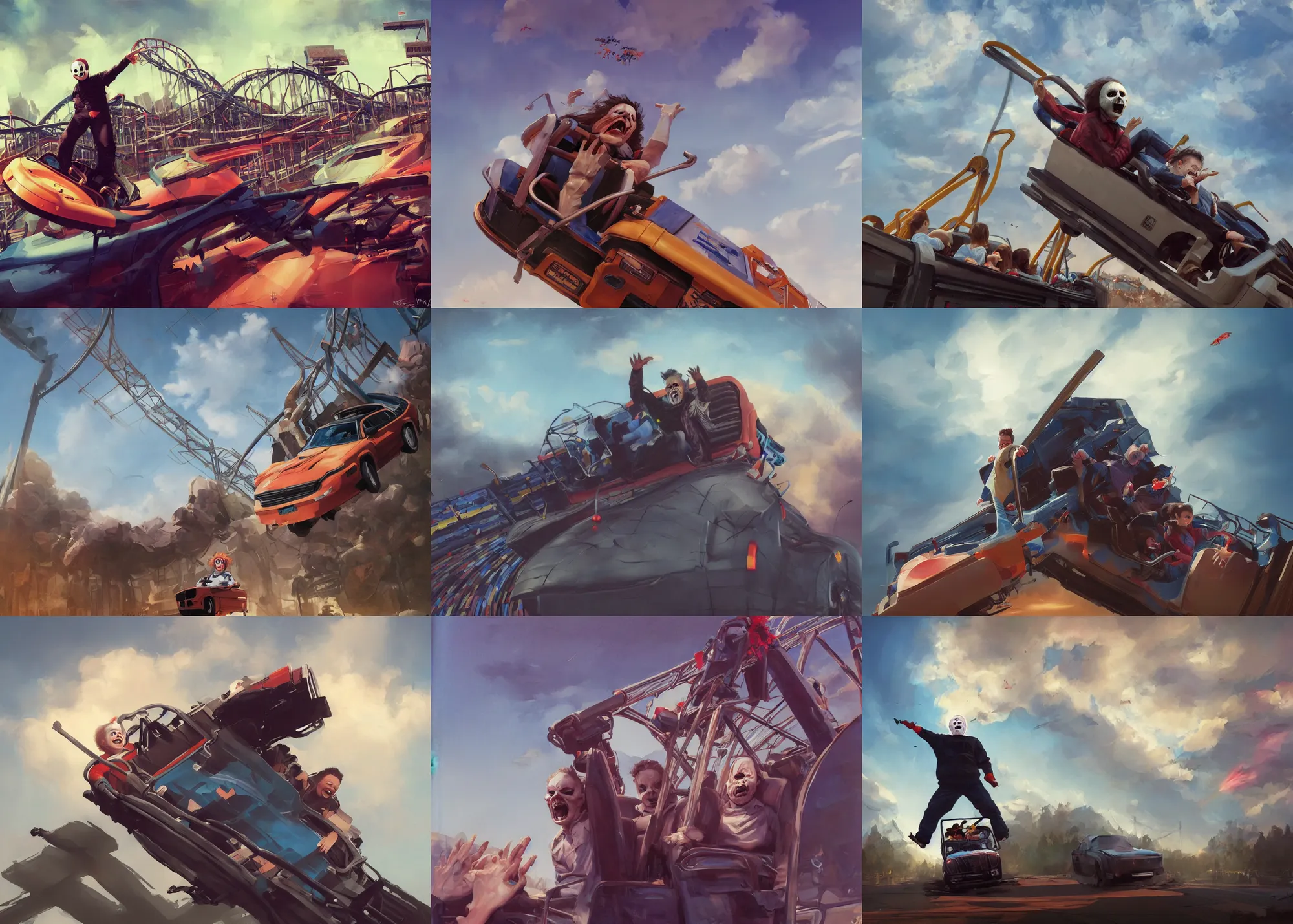Prompt: portrait painting of Michael Myers having fun in a roller coaster, beautiful sky, sunny, happy, sharp focus, wide shot, trending on ArtStation, masterpiece, by Greg Rutkowski, by Ross Tran, by Fenghua Zhong, octane, soft render, oil on canvas, colorful, cinematic, environmental concept art