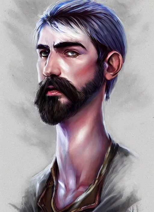 Prompt: young man with short white fringe white hair and moustache, dndbeyond, bright, colourful, realistic, dnd character portrait, full body, pathfinder, pinterest, art by ralph horsley, dnd, rpg, lotr game design fanart by concept art, behance hd, artstation, deviantart, hdr render in unreal engine 5